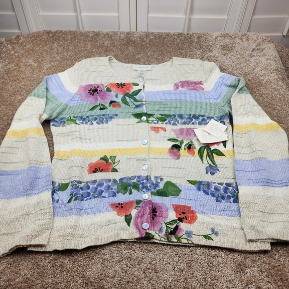 Susan Bristol Sweaters - Susan Bristol Floral Embroidered Beaded Cardigan Shell Buttons Natural Multi L
